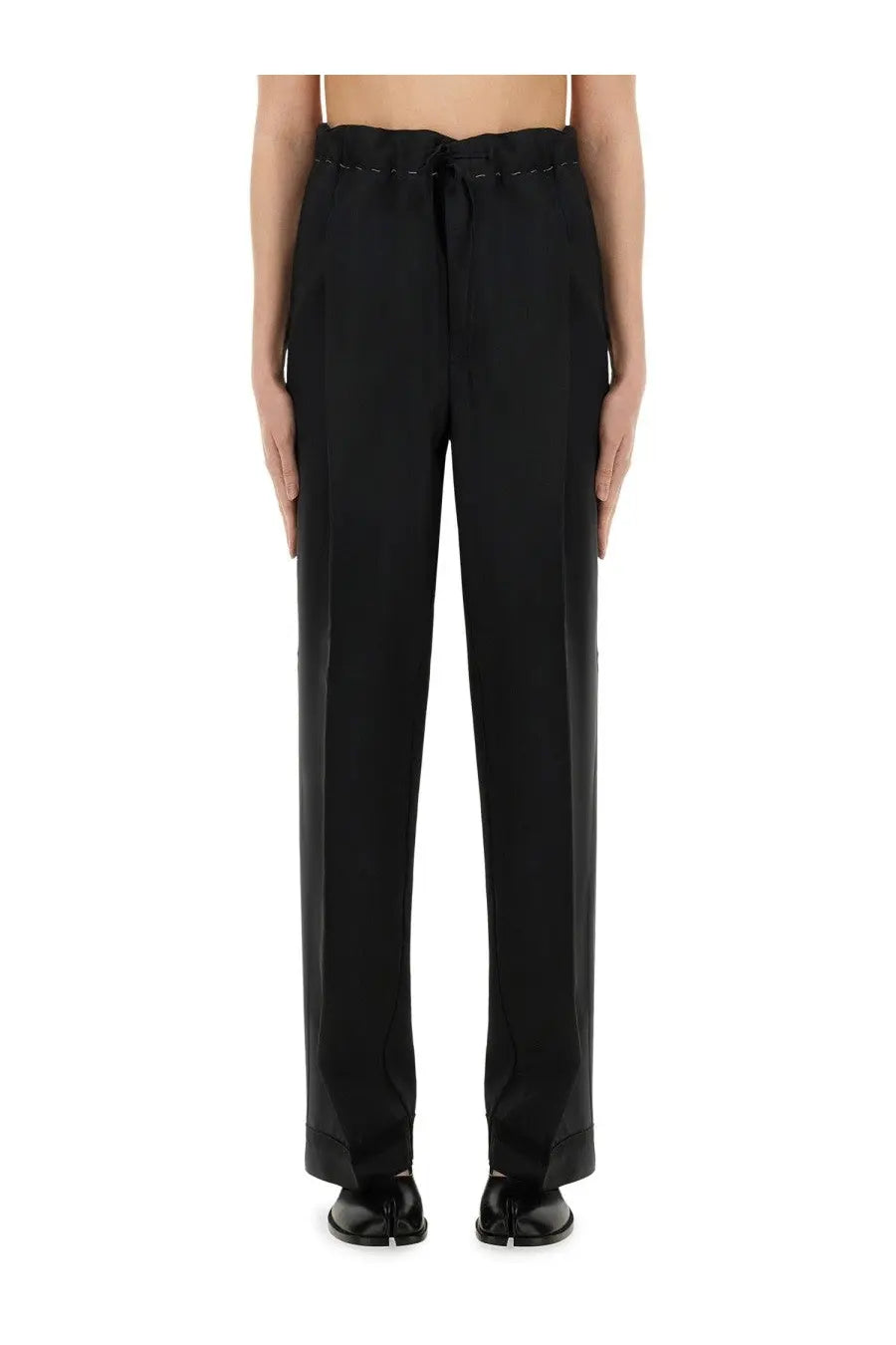 Maison Margiela women’s black wool and mohair wide-leg pants with drawstring waistband and subtle stitching details