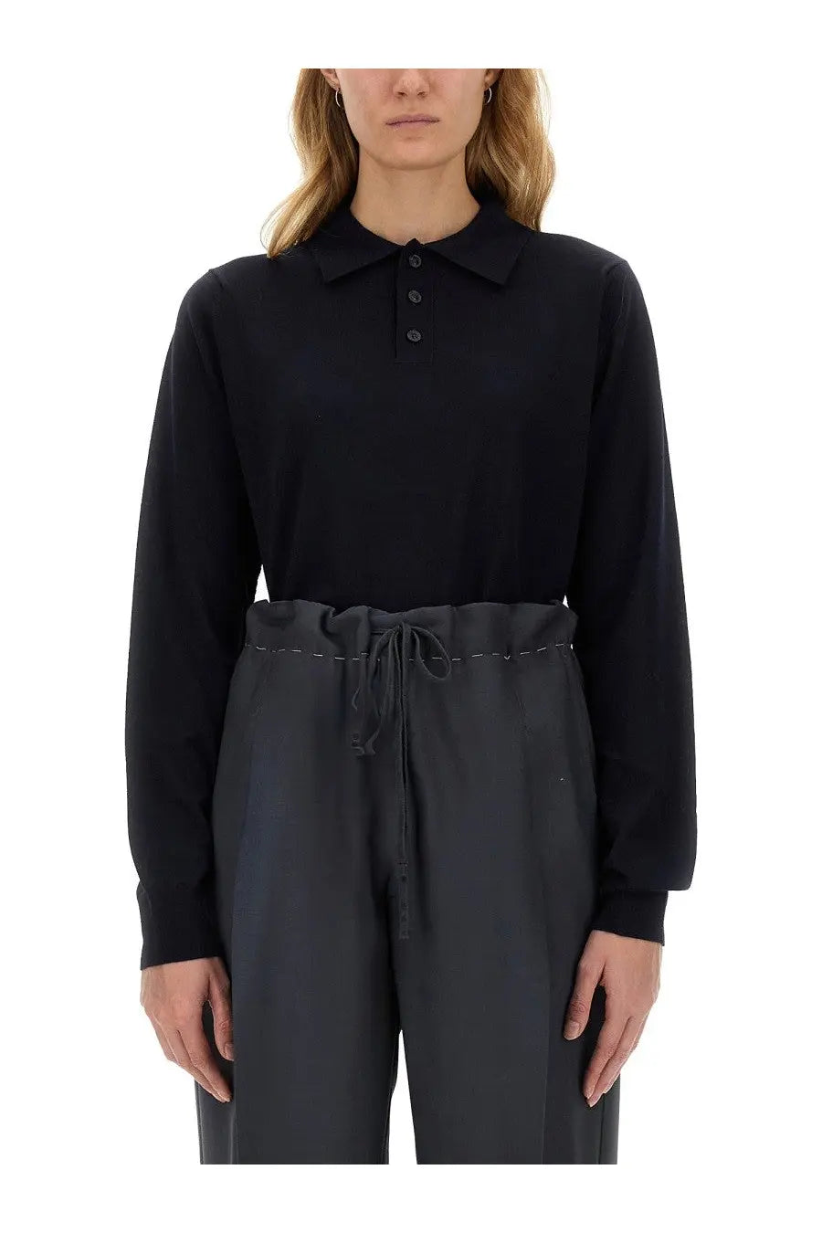 Maison Margiela women’s wool polo shirt in black with long sleeves buttoned front and classic collar