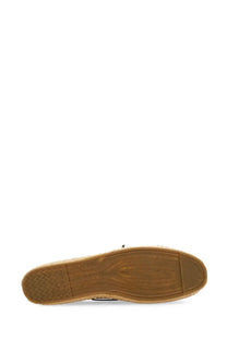 Tan woven espadrille sole with rubberized heel of manebi men’s boat moccasin brown shown from the back side