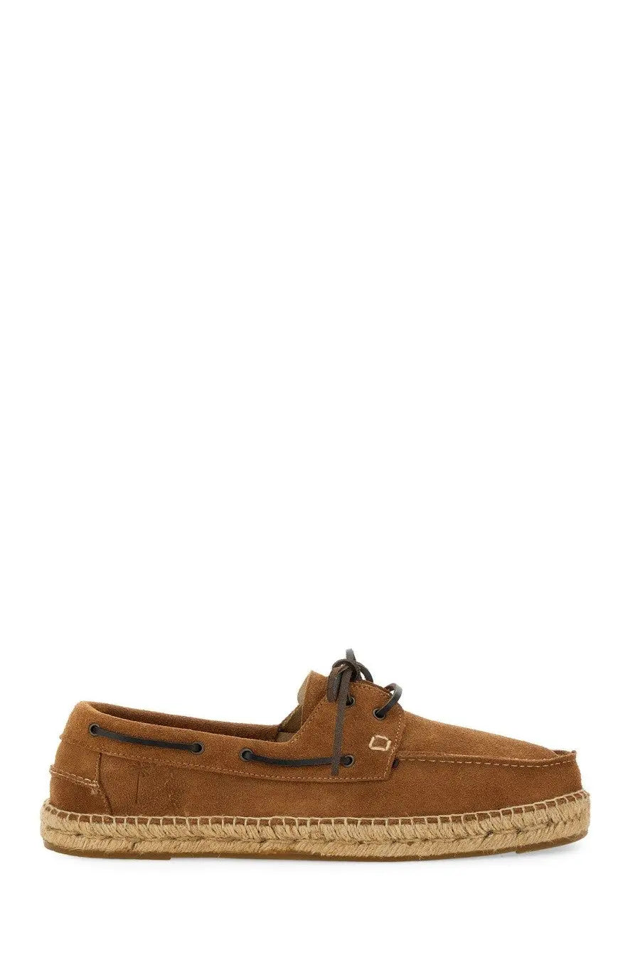 Manebi men’s boat moccasin in tan suede with dark brown laces and a woven jute espadrille sole