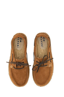 Manebi men’s boat moccasin brown tan suede espadrille shoes with dark brown laces and woven jute sole