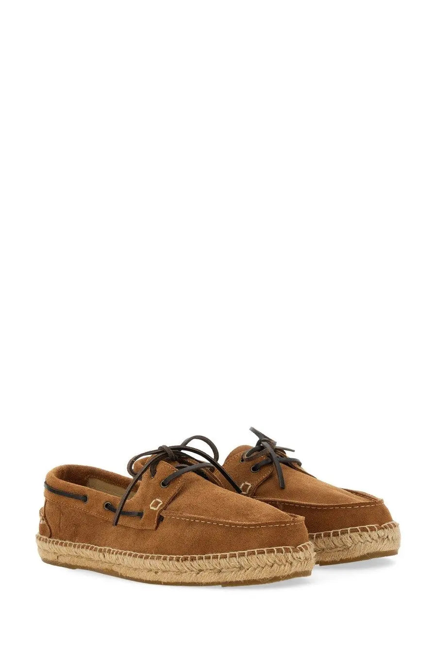 Manebi men’s boat moccasin brown tan suede espadrille shoes with black laces and woven jute sole