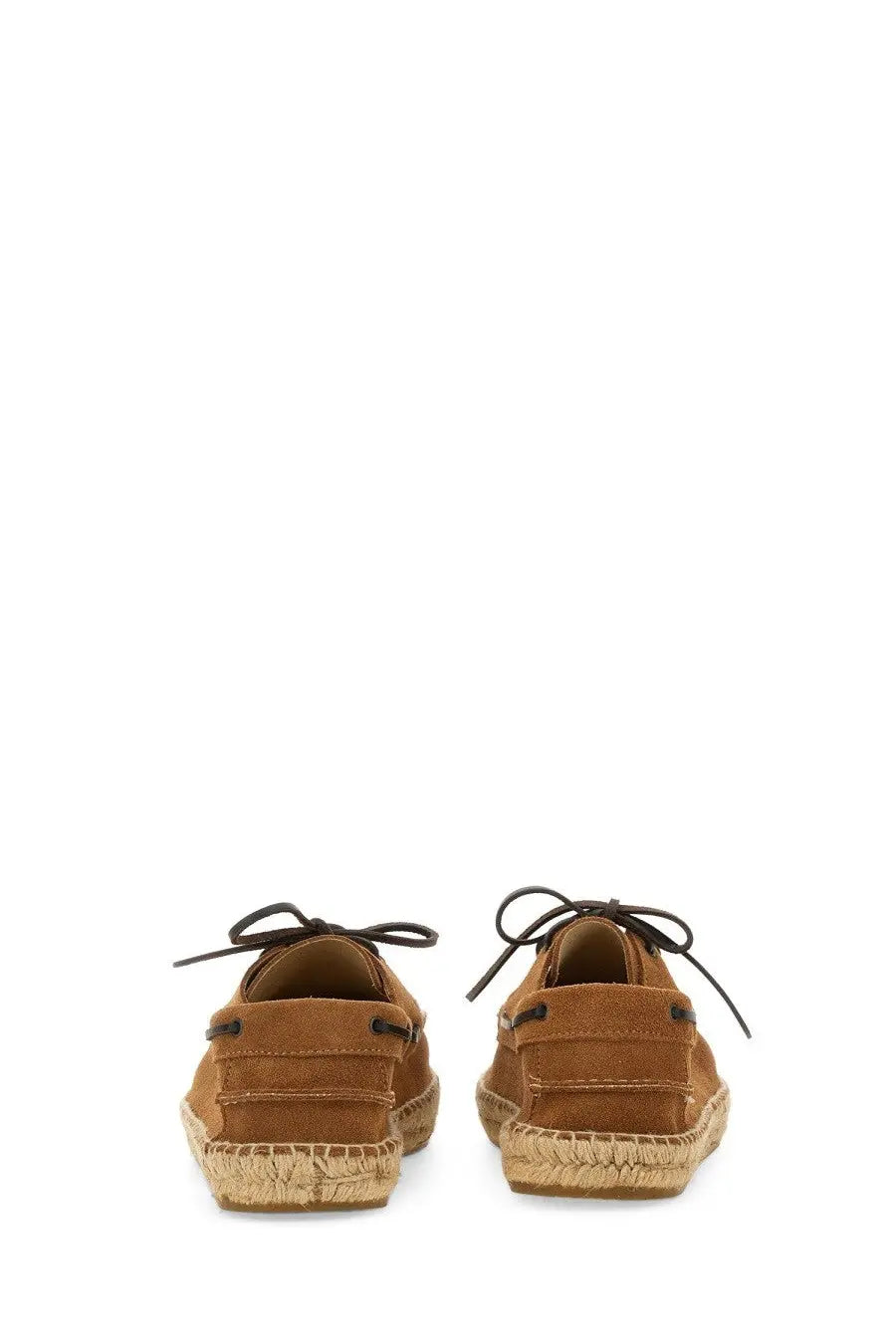 Manebi men’s boat moccasin brown tan suede espadrille shoes with black laces and woven jute sole