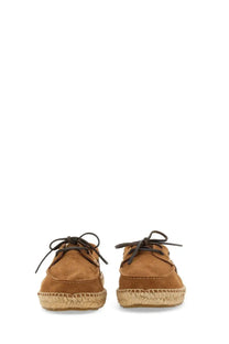 Manebi men’s boat moccasin brown tan suede espadrille shoes with dark brown laces and woven jute sole