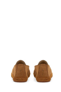 Tan suede Manebi men’s espadrille loafers with woven jute sole and palm tree embroidery on the heel back side