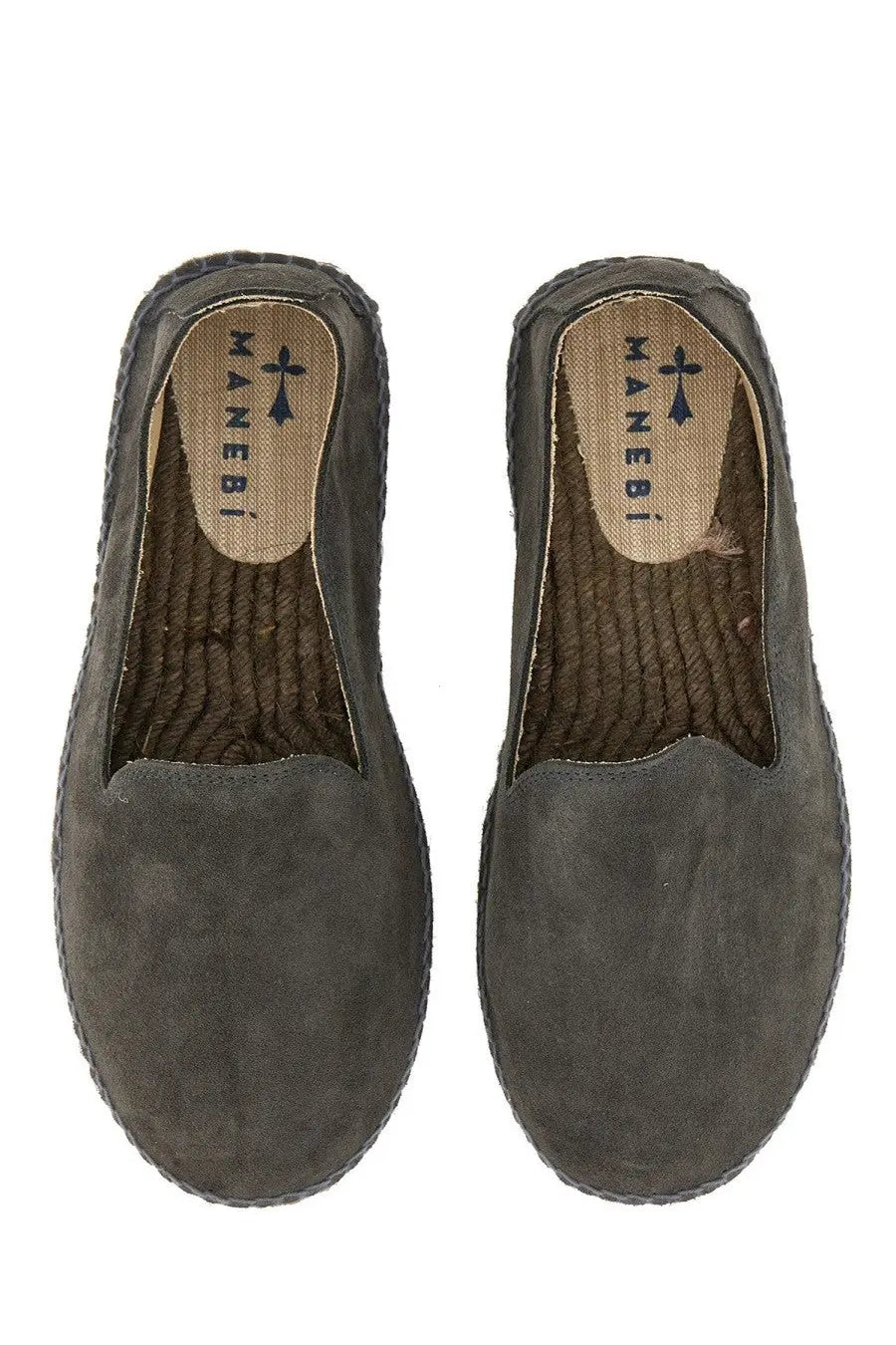Manebi men’s espadrille slip-on shoes in dark gray suede with braided jute sole and woven insole