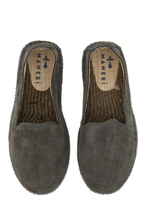 Manebi men’s espadrille slip-on shoes in dark gray suede with braided jute sole and woven insole