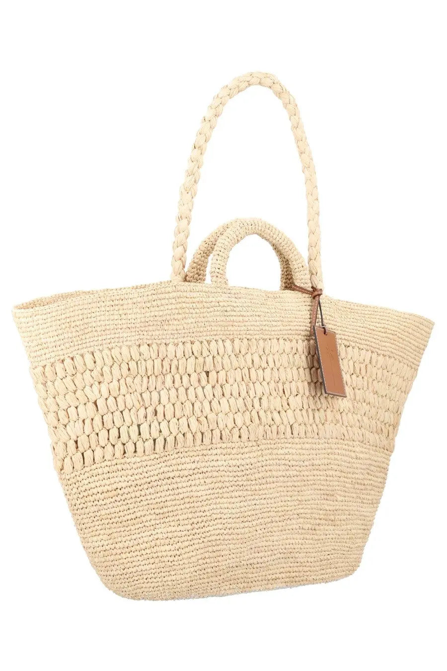 Beige woven straw tote bag with braided handles and leather tag from manebi womens borsa fiji beige collection