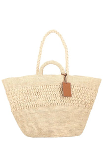 Beige woven straw tote bag with braided handles and leather tag manebi womens borsa fiji beige