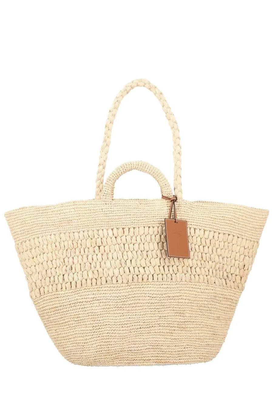 Beige woven straw tote bag with braided handles and leather tag by manebi women’s borsa fiji beige