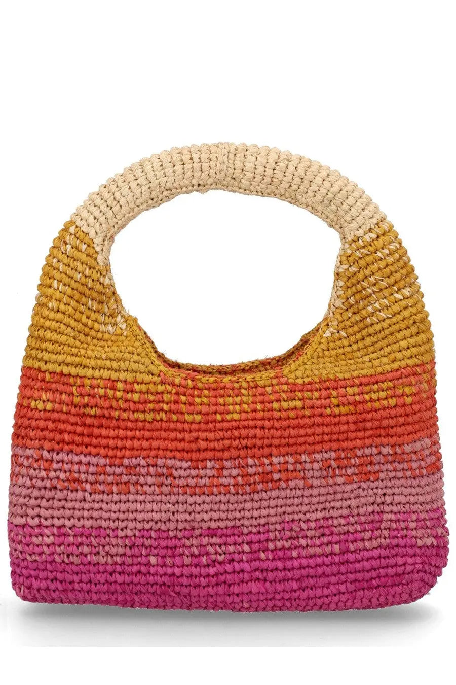 Manebi women’s borsa halfmoon multicolor handwoven straw tote bag with warm orange to pink gradient and circular handle