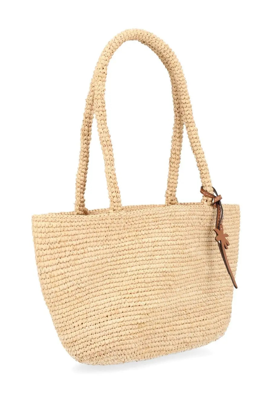 Manebi women’s borsa panier medium beige woven straw tote bag with braided handles and brown leather tag