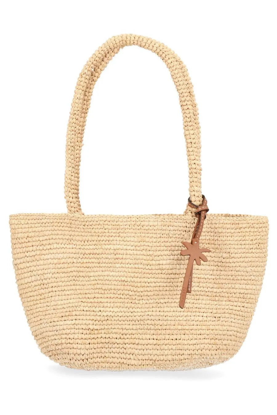 Manebi women’s borsa panier medium beige woven straw tote bag with braided handles and tan leather palm tree charm