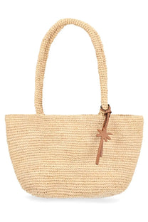 Manebi women’s borsa panier medium beige woven straw tote bag with braided handles and tan leather palm tree charm