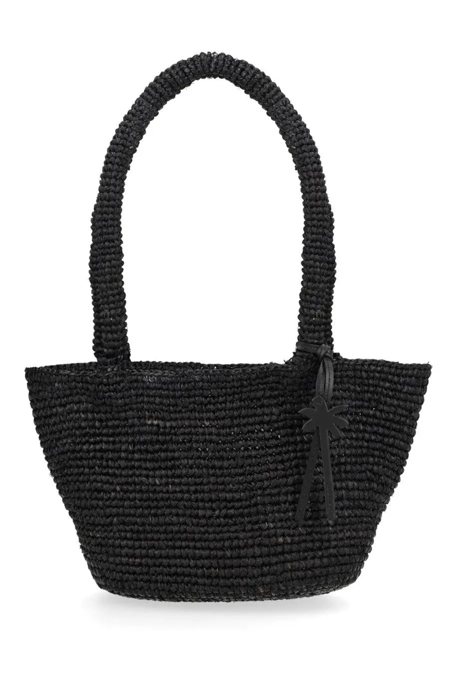Manebi women’s borsa panier medium black woven straw tote bag with matching palm tree charm on handle