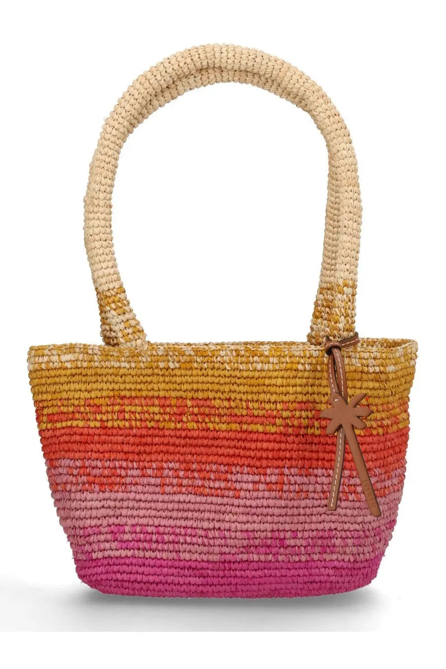 Manebi women’s borsa panier medium multicolor vibrant gradient woven straw tote bag with beige handle and tan leather star charm