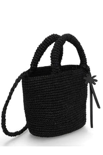 Manebi women’s borsa panier mini black woven straw bucket bag with braided handles and palm leaf charm