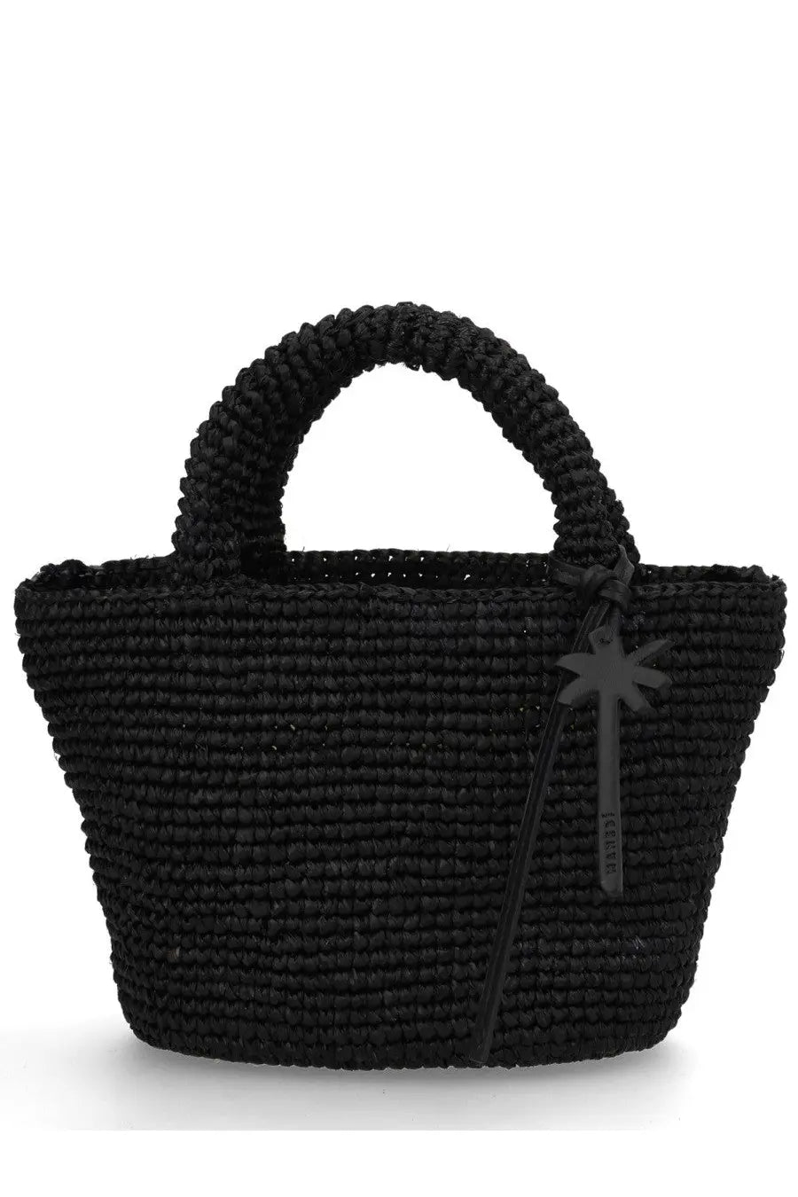 Manebi women’s borsa panier mini black woven straw tote bag with braided handles and palm tree charm tag