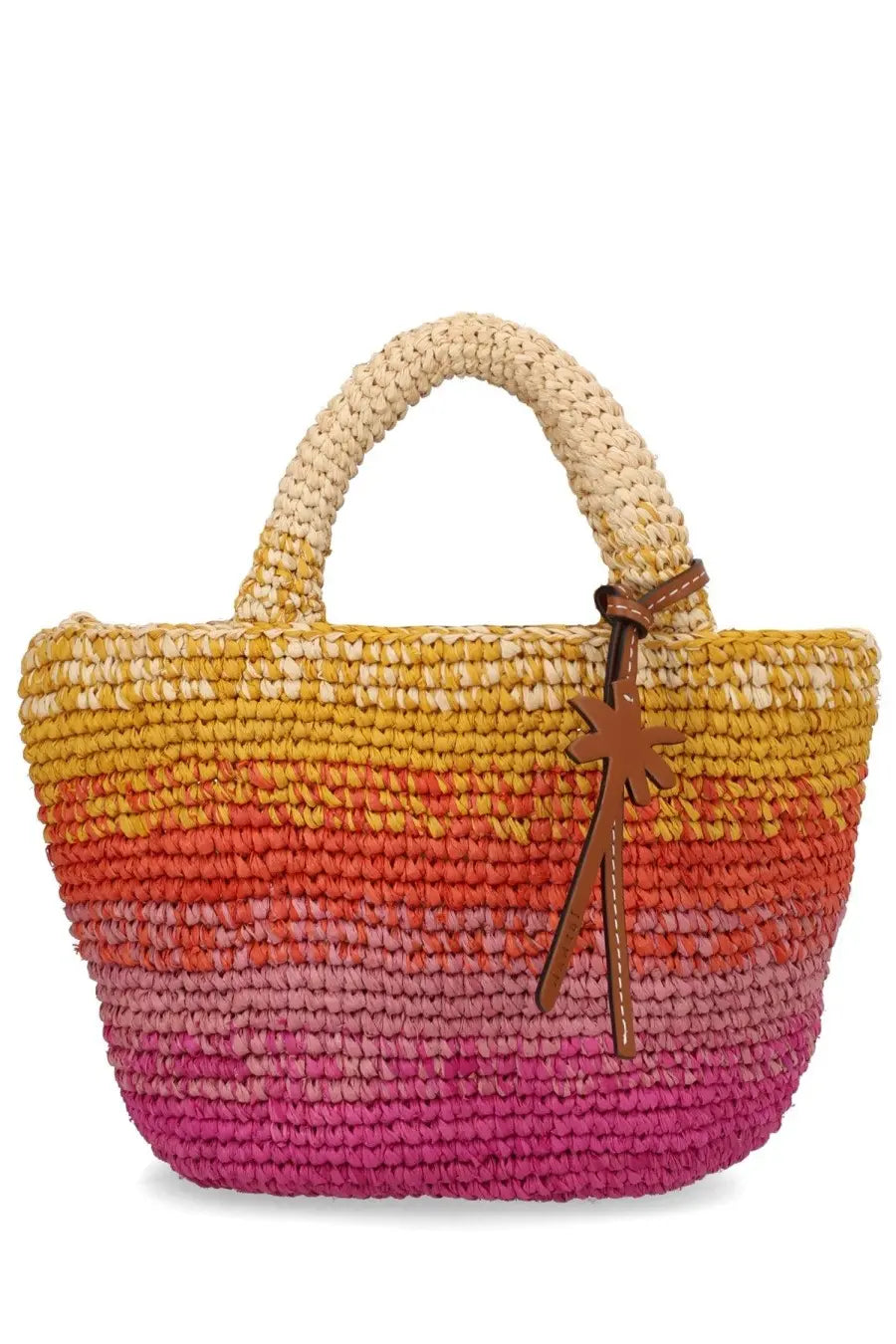 Manebi women’s borsa panier mini multicolor vibrant gradient woven straw tote bag with tan leather handle and star charm