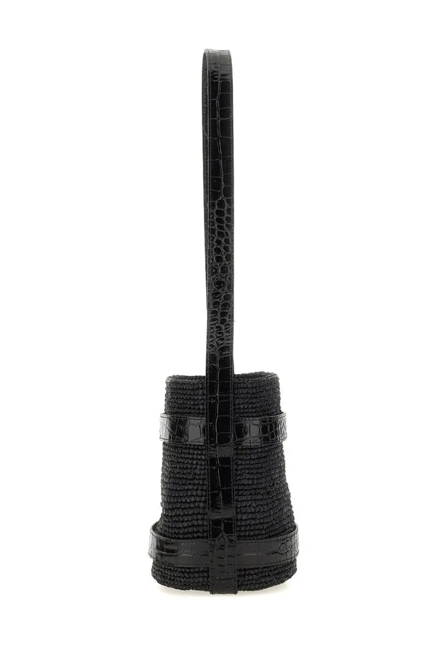 Manebi women’s bucket bag black with black crocodile embossed leather strap and textured woven body