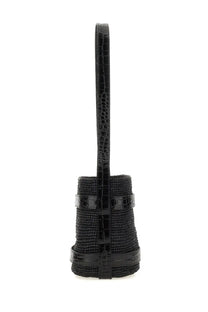 Manebi women’s bucket bag black with black crocodile embossed leather strap and textured woven body