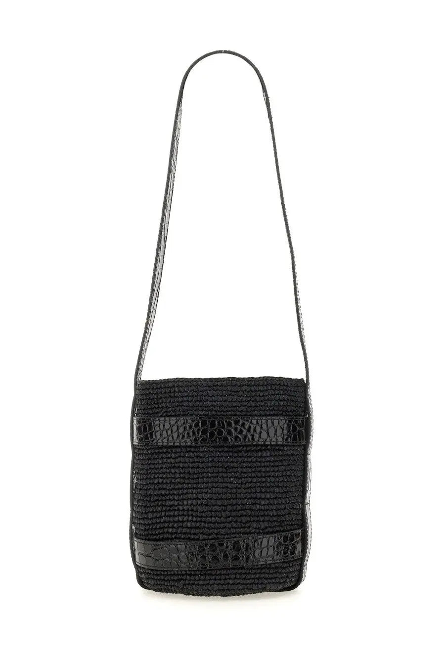 Manebi women’s bucket bag black woven straw crossbody with two horizontal glossy crocodile-embossed leather straps