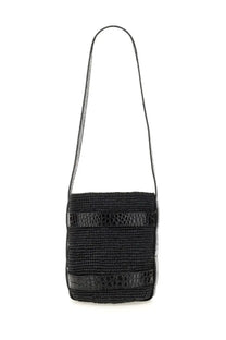 Manebi women’s bucket bag black woven straw crossbody with two horizontal glossy crocodile-embossed leather straps