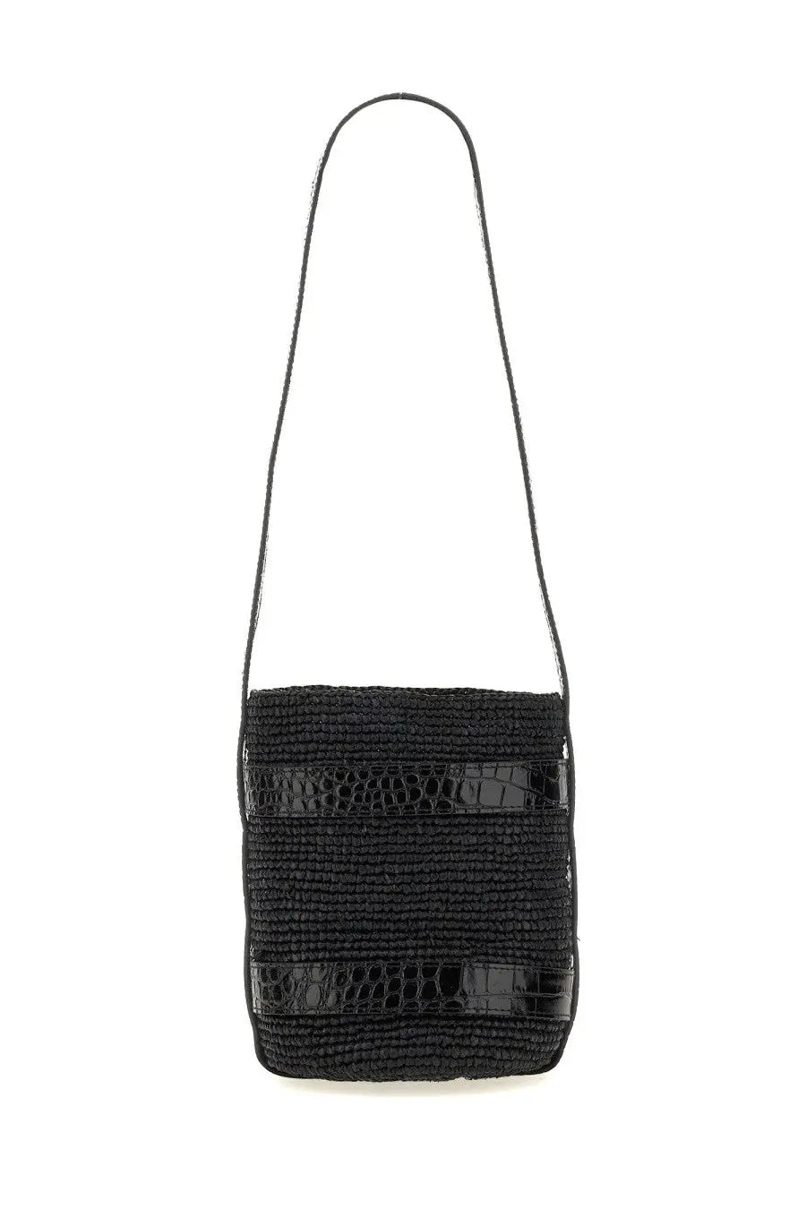 Manebi women’s bucket bag in black with black woven straw body and two glossy black crocodile-embossed leather straps