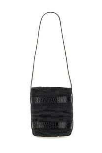 Manebi women’s bucket bag in black with black woven straw body and two glossy black crocodile-embossed leather straps