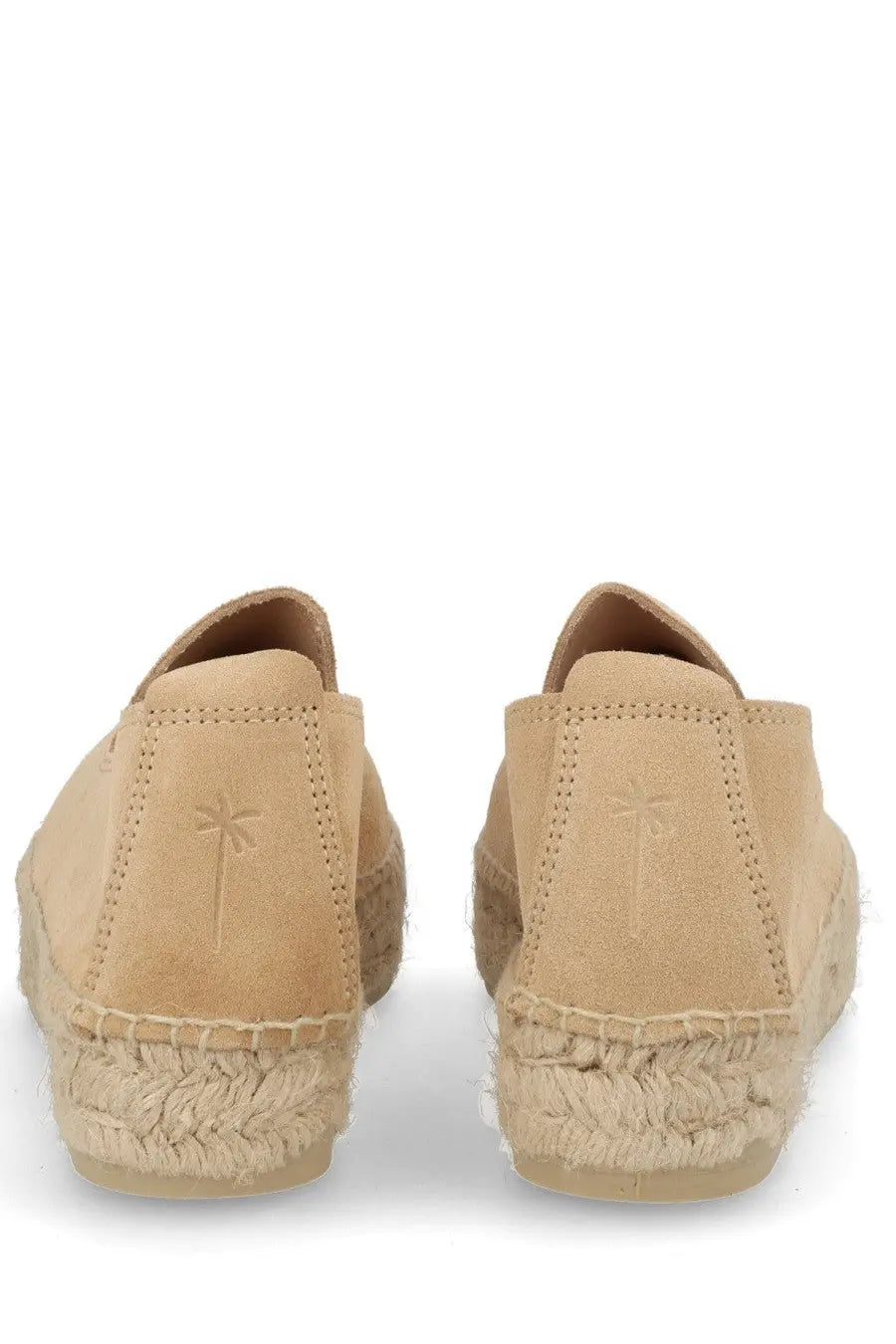 Beige suede espadrille flats by manebi with woven jute sole and subtle palm tree embossing