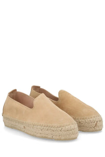 Beige suede espadrille slip-on shoes with woven jute sole from manebi women’s espadrilla con doppia suola collection