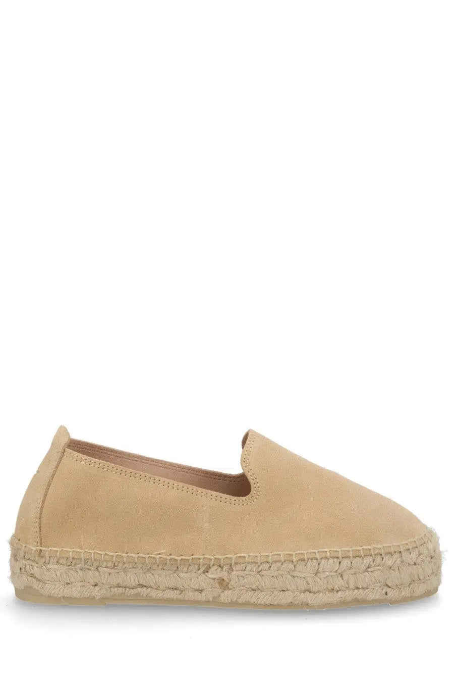 Beige suede espadrille slip-on shoe with woven jute sole from manebi women’s espadrilla con doppia suola line
