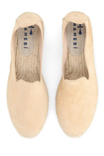 Beige suede Manebi women’s espadrilla con doppia suola with a woven jute sole and brand embroidery on the insole