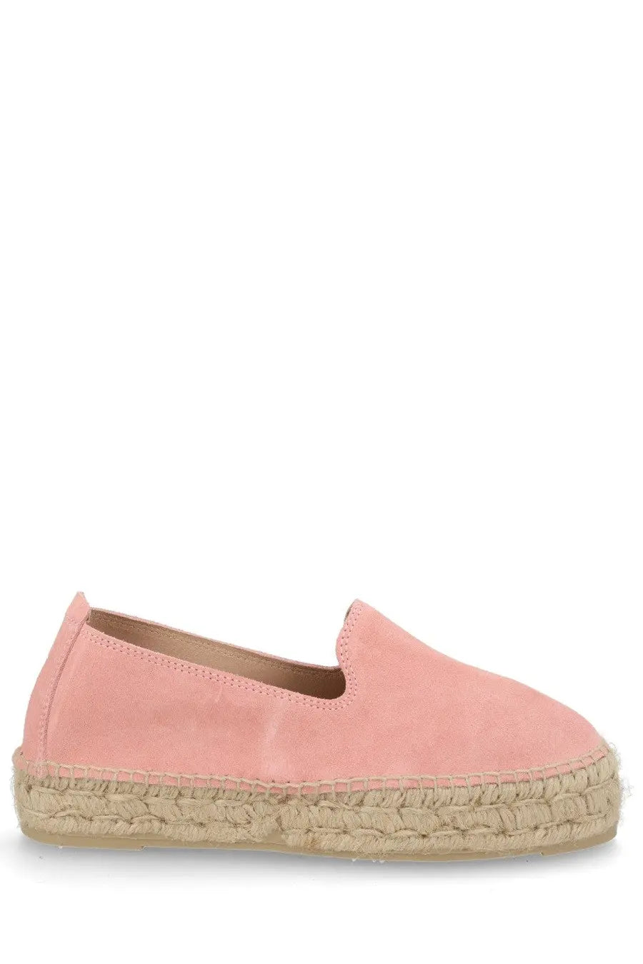 Manebi women’s espadrilla slip-on shoe in pink suede with a woven jute sole for casual wear