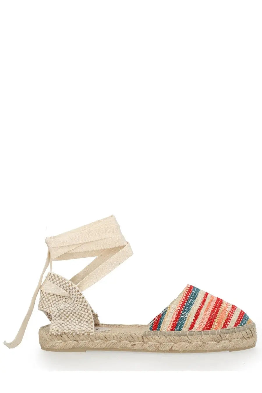 Manebi women’s espadrilla valenciana multicolor sandal with colorful stripes woven jute sole and cream lace-up straps