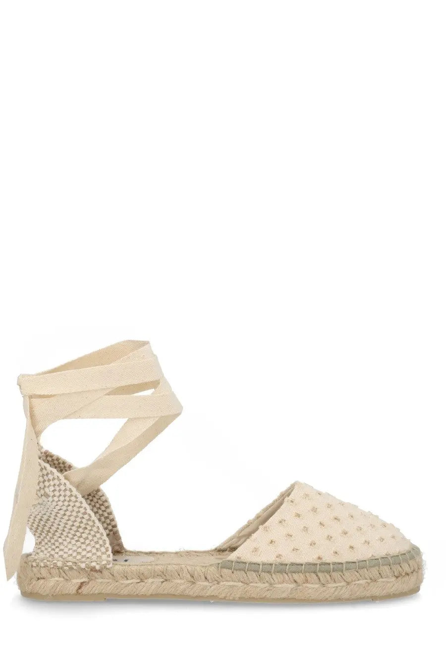 Beige manebi women’s espadrilla valenciana sandal with woven jute sole textured upper and lace-up ankle straps