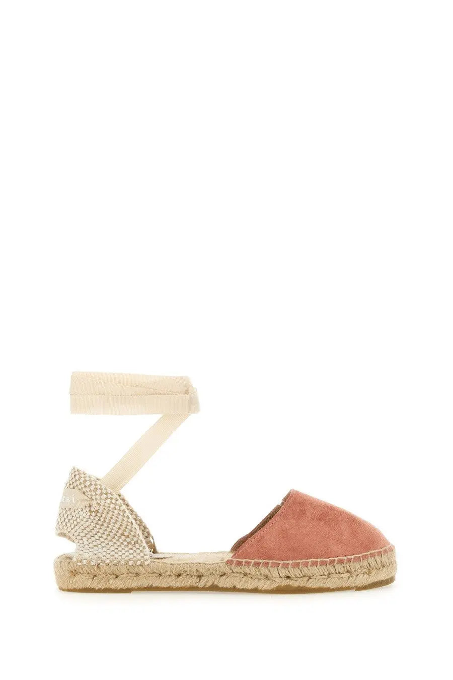Manebi women’s espadrilles flat brown dusty rose suede sandal with woven jute sole and off-white ankle strap