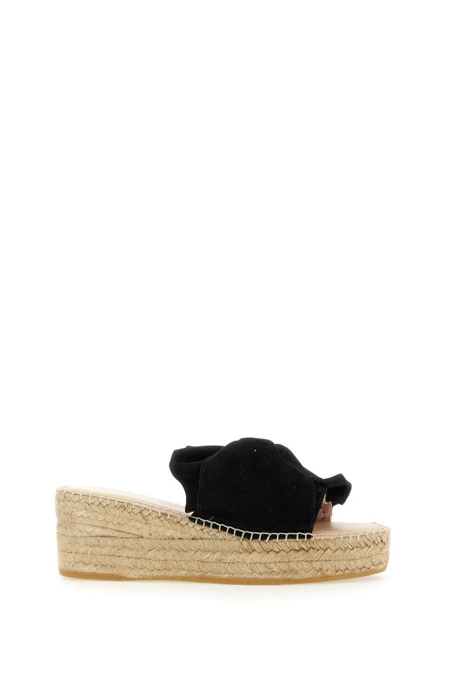Black suede bow slide sandal with woven espadrille wedge heel from manebi women’s knot sandal black collection