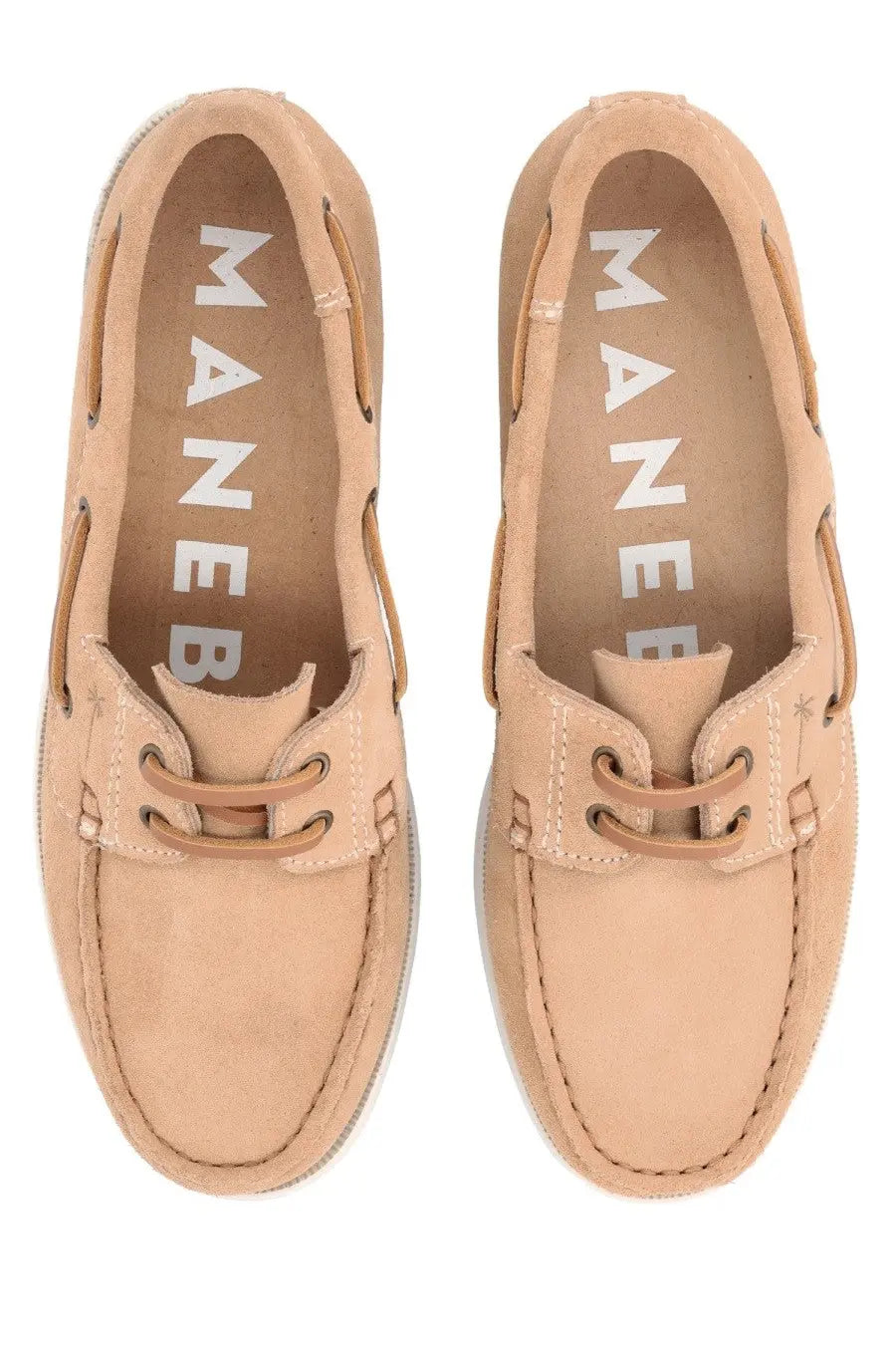 Beige suede Manebi women’s mocassino Hamptons boat shoes with matching laces and white stitching