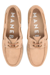 Beige suede Manebi women’s mocassino Hamptons boat shoes with matching laces and white stitching