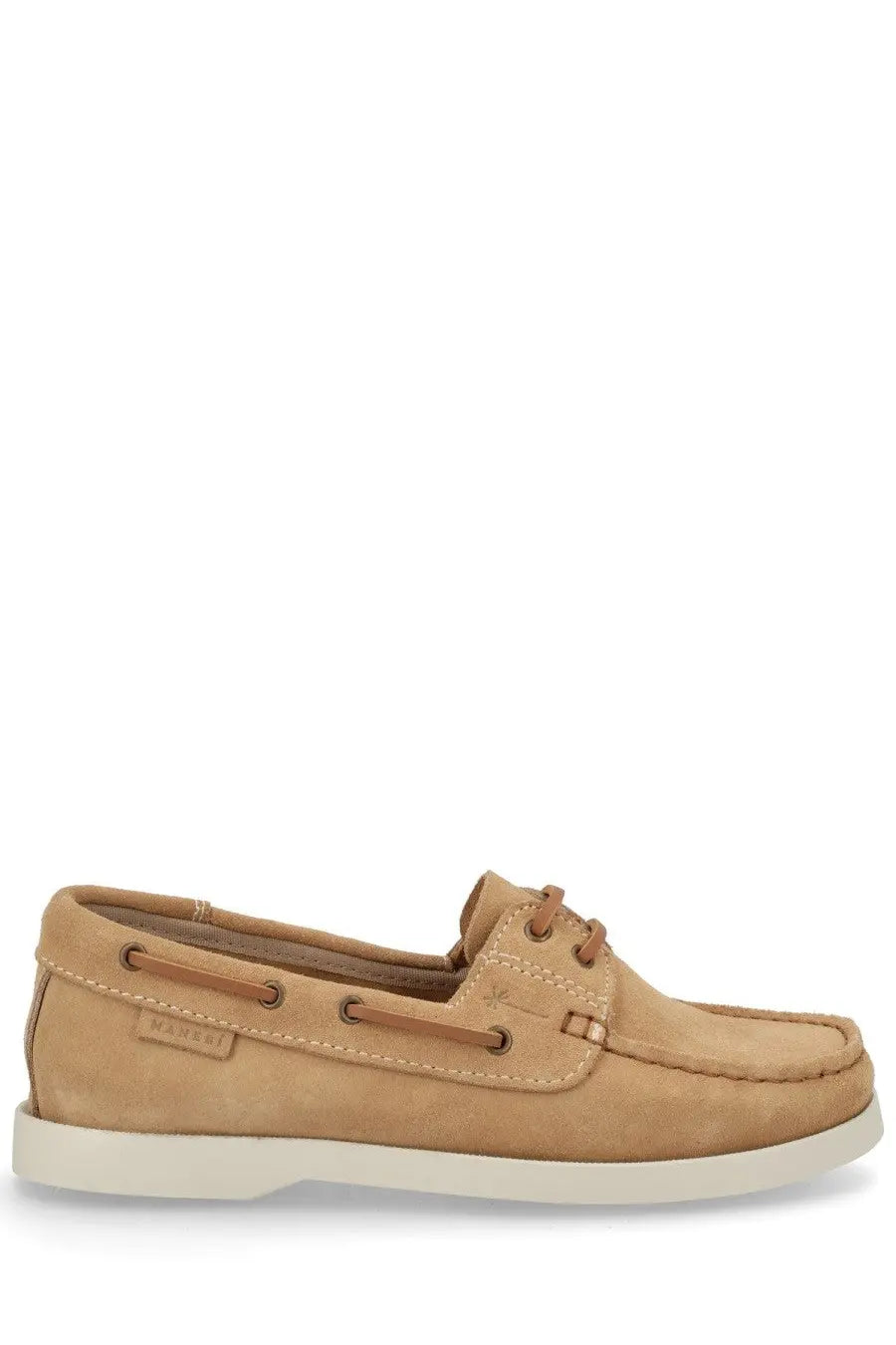 Manebi women’s mocassino hamptons beige tan suede boat shoe with matching laces and white rubber sole