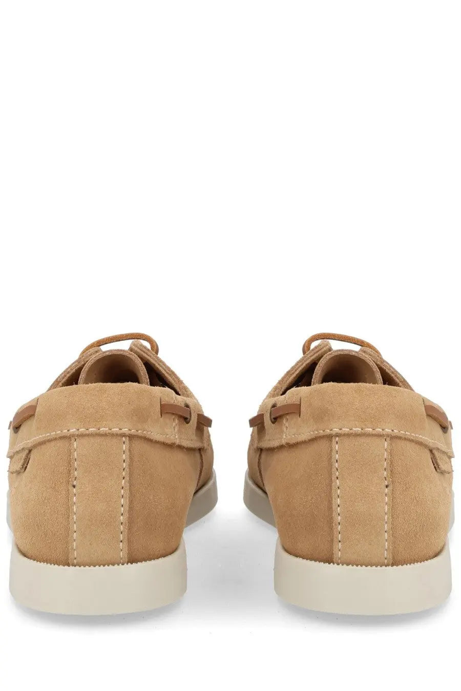 Manebi womens mocassino hamptons beige tan suede boat shoes with matching laces and white rubber sole