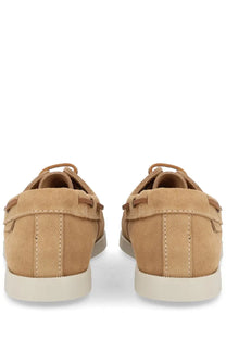 Manebi womens mocassino hamptons beige tan suede boat shoes with matching laces and white rubber sole