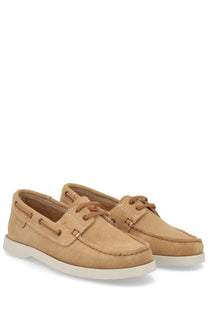 Manebi women’s mocassino hamptons beige tan suede boat shoes with matching laces and white rubber sole