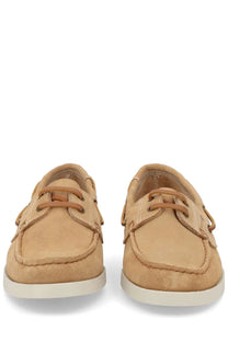 Manebi women’s mocassino hamptons beige tan suede boat shoes with matching laces and white rubber sole