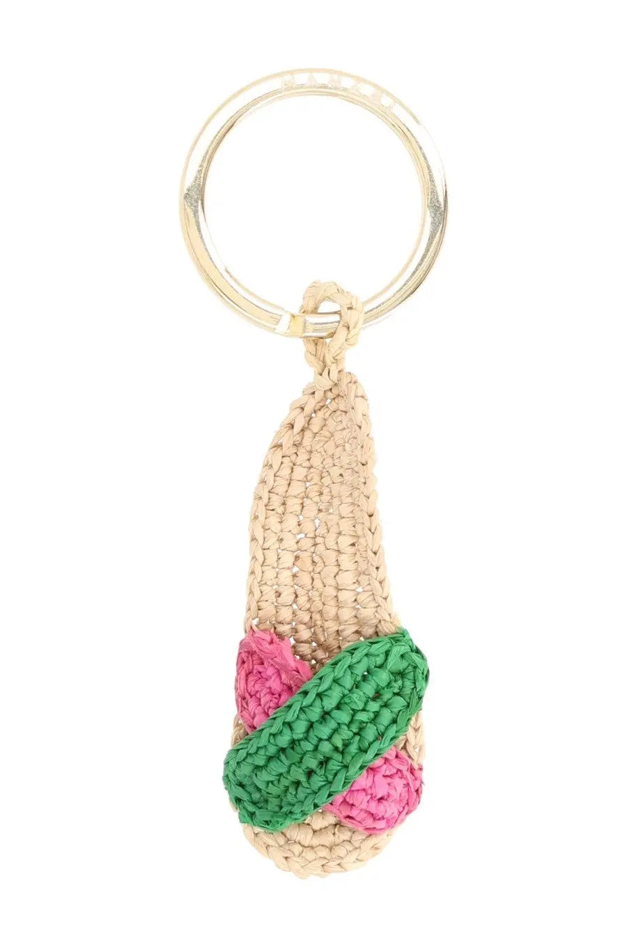 Beige crocheted sandal keychain with vibrant pink and green woven straps manebi women’s portachiavi espa multicolor