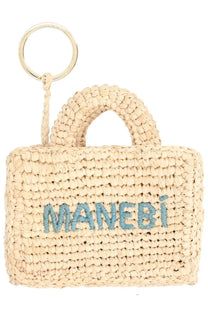 Manebi women’s portachiavi mini sunset beige woven straw keychain bag with light blue embroidered logo and gold ring