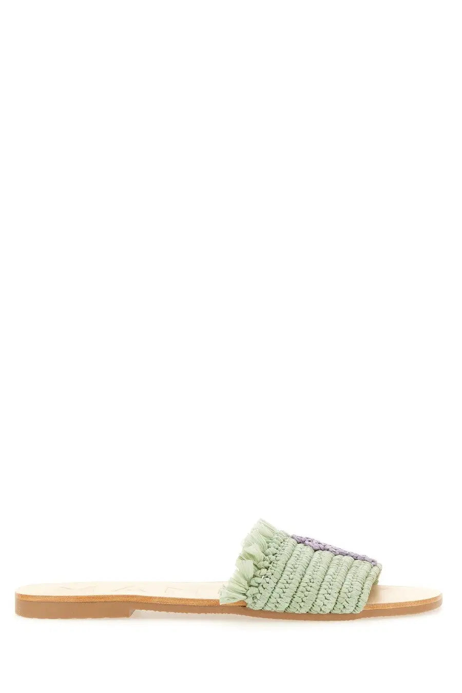 Manebi women’s sandal purple featuring a mint green and gray crocheted slide with a flat wooden sole