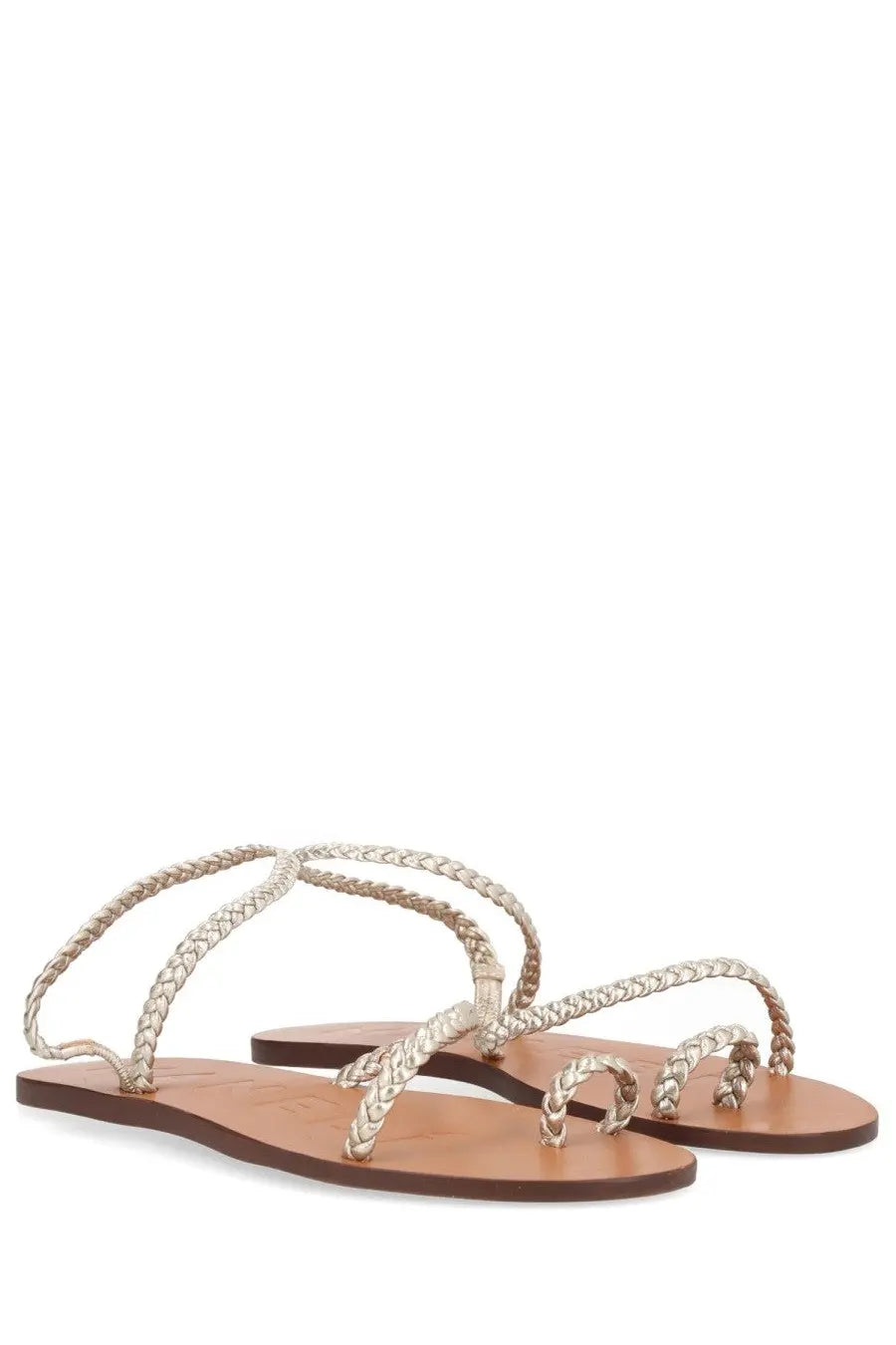 Silver braided leather sandals with flat brown sole by manebi womens sandalo canyon showing front view