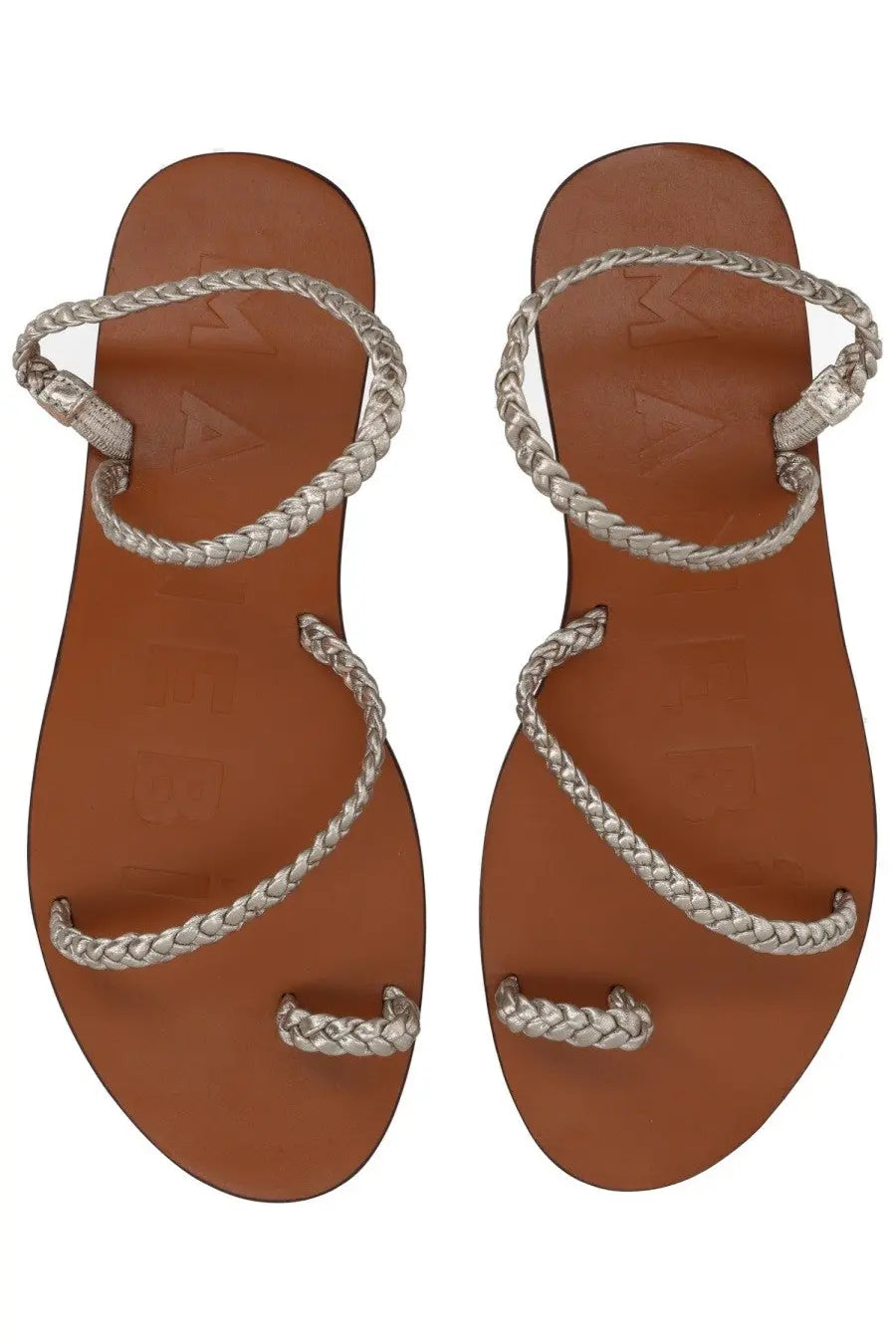Manebi women’s sandalo canyon silver silver braided rope sandals with tan leather sole front view